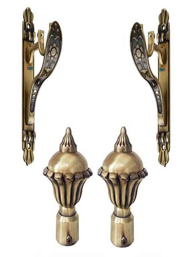 FERIO Antique Brass Zinc Alloy Rajawadi Finish Curtain Bracket Set and Curtain Finial for Door and Window Rod Support Fittings 1 Inch Rod (Window Rod Holder 2 Pcs and Curtain Finial 2 Pcs) - Image 1